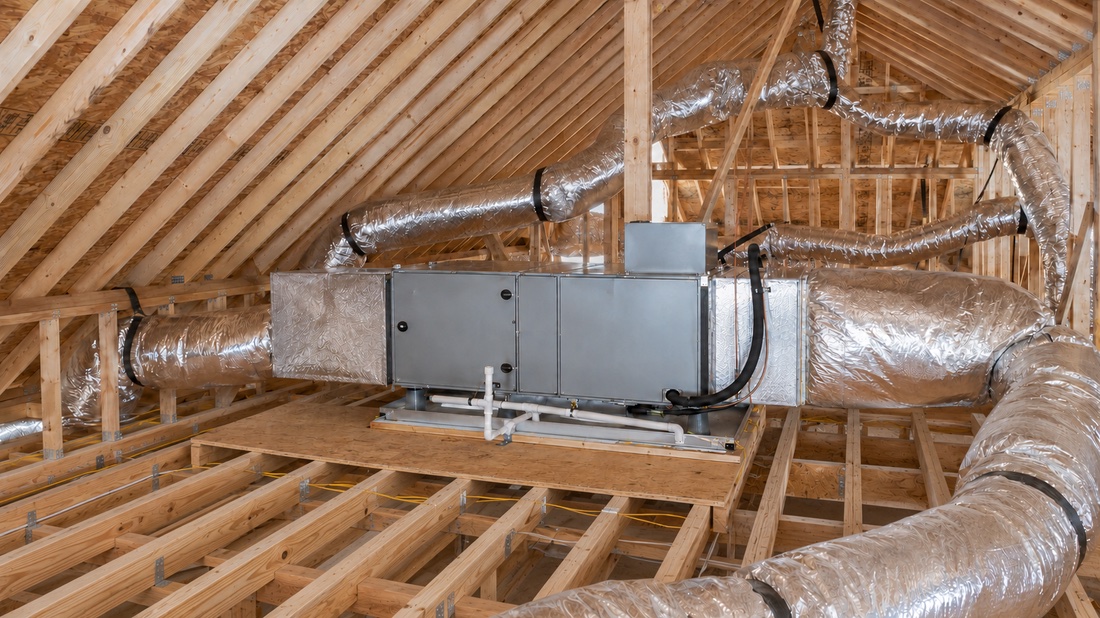 HVAC ductwork installed in the attic of a new residential construction project